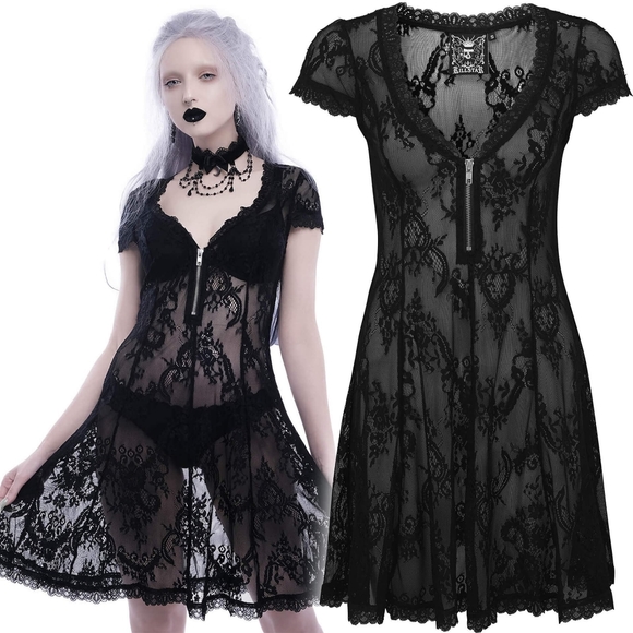 Killstar Dresses & Skirts - RARE 🦇 NWT Verona lace dress Killstar sheer black zipper front XS.